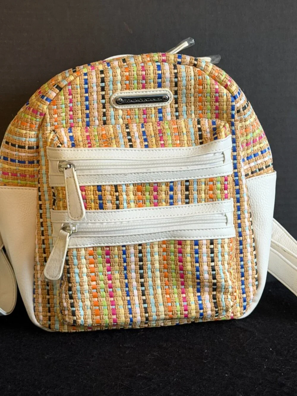 NWT Stone Mountain Multicolor Woven Straw Dome Handbag/Backpack